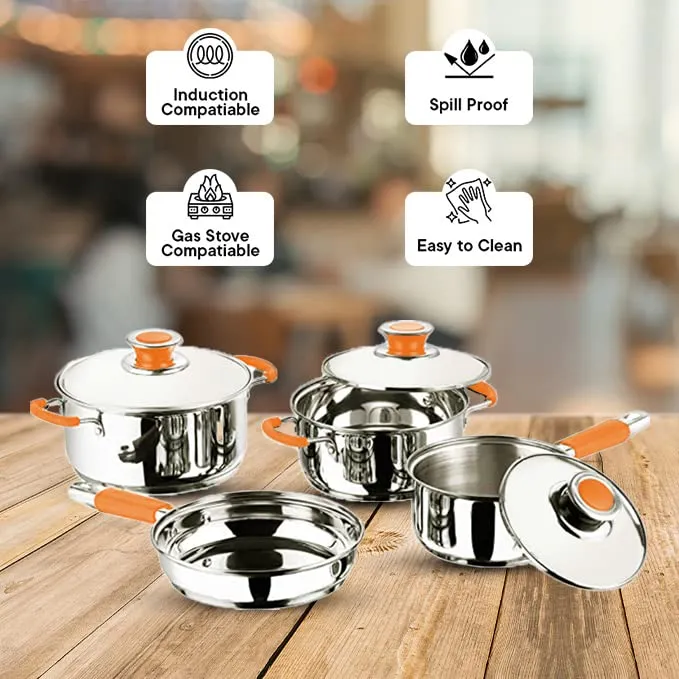 Kuber Industries Set of 4 Stainless Steel Cookware Set I Induction Base Cookware I Saucepan (1.4 L), Kadai (2.0 L), Casserole (2.5 L), Frypan (1 L) and 3 Lids I Heavy Gauge Steel (Pack of 2)