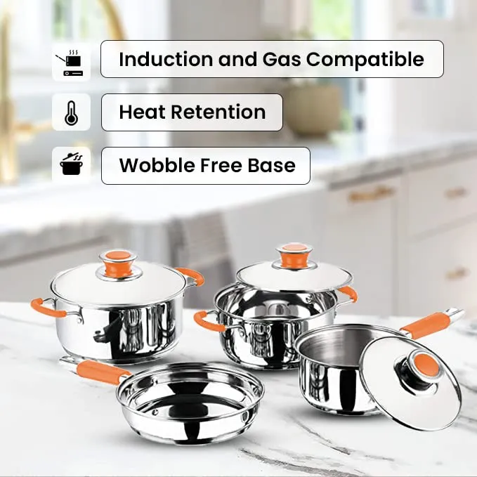 Kuber Industries Set of 4 Stainless Steel Cookware Set I Induction Base Cookware I Saucepan (1.4 L), Kadai (2.0 L), Casserole (2.5 L), Frypan (1 L) and 3 Lids I Heavy Gauge Steel (Pack of 2)