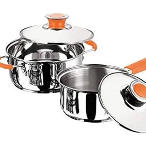 Kuber Industries Set of 4 Stainless Steel Cookware Set I Induction Base Cookware I Saucepan (1.4 L), Kadai (2.0 L), Casserole (2.5 L), Frypan (1 L) and 3 Lids I Heavy Gauge Steel (Pack of 2)