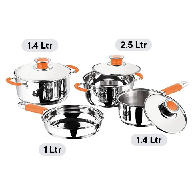 Kuber Industries Set of 4 Stainless Steel Cookware Set I Induction Base Cookware I Saucepan (1.4 L), Kadai (2.0 L), Casserole (2.5 L), Frypan (1 L) and 3 Lids I Heavy Gauge Steel (Pack of 2)