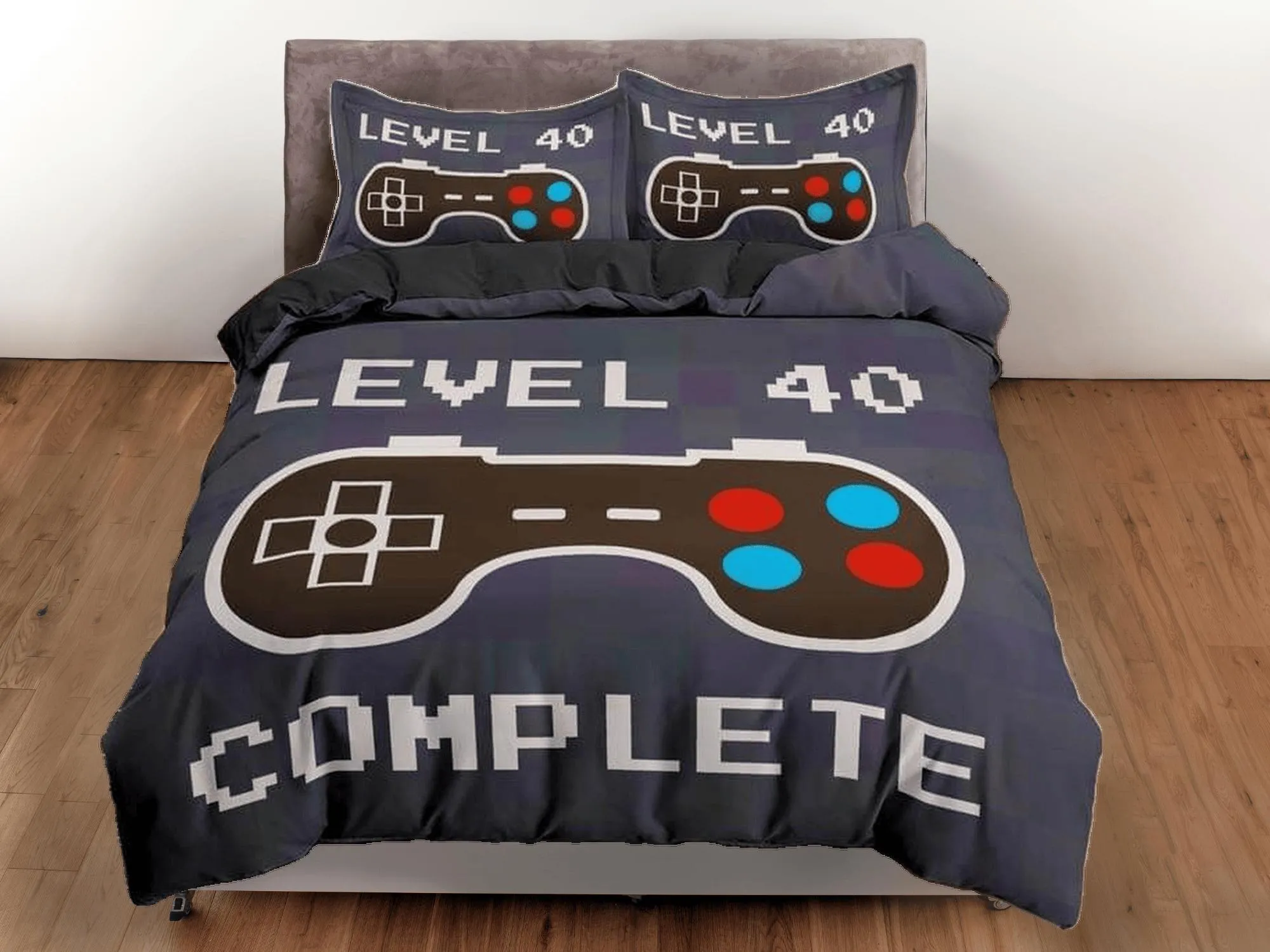 Level 40 gamer bedding ash blue duvet cover, video gamer boyfriend gift bedding set full king queen twin, boys bedroom, college dorm bedding