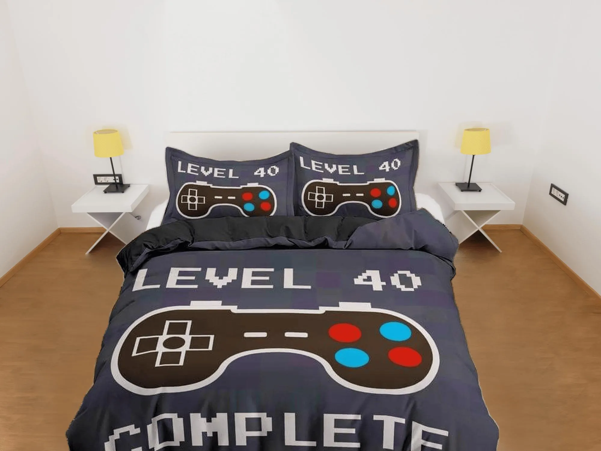 Level 40 gamer bedding ash blue duvet cover, video gamer boyfriend gift bedding set full king queen twin, boys bedroom, college dorm bedding