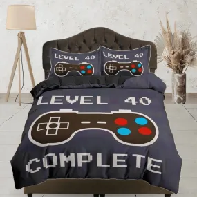 Level 40 gamer bedding ash blue duvet cover, video gamer boyfriend gift bedding set full king queen twin, boys bedroom, college dorm bedding