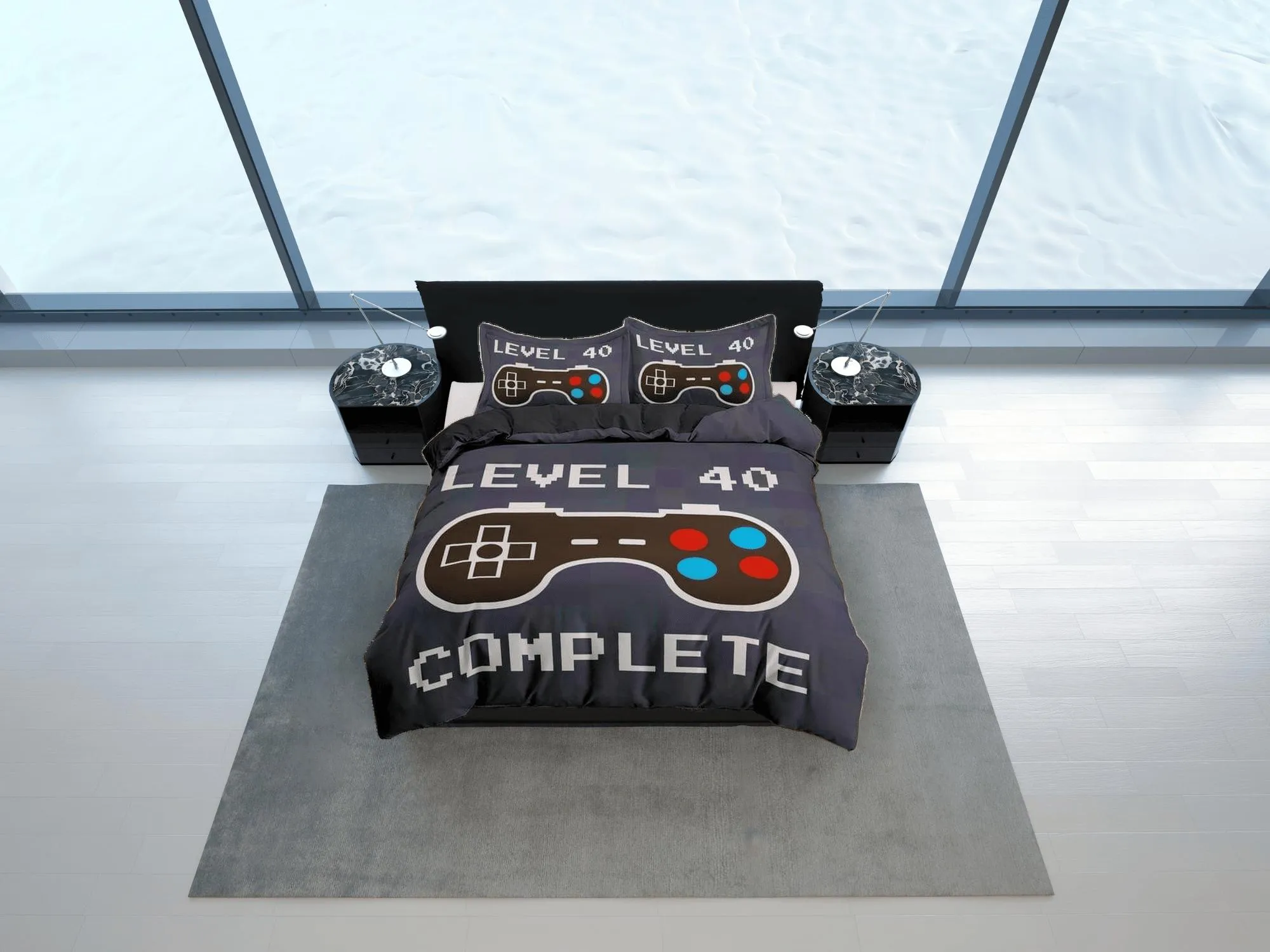 Level 40 gamer bedding ash blue duvet cover, video gamer boyfriend gift bedding set full king queen twin, boys bedroom, college dorm bedding