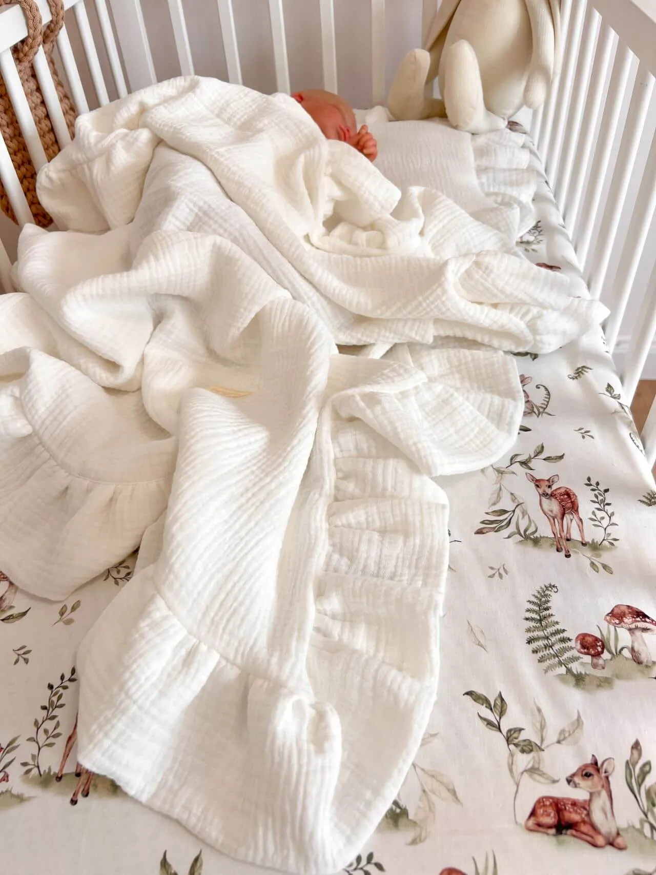 Light Organic Muslin Baby Blanket with a frill - Cream