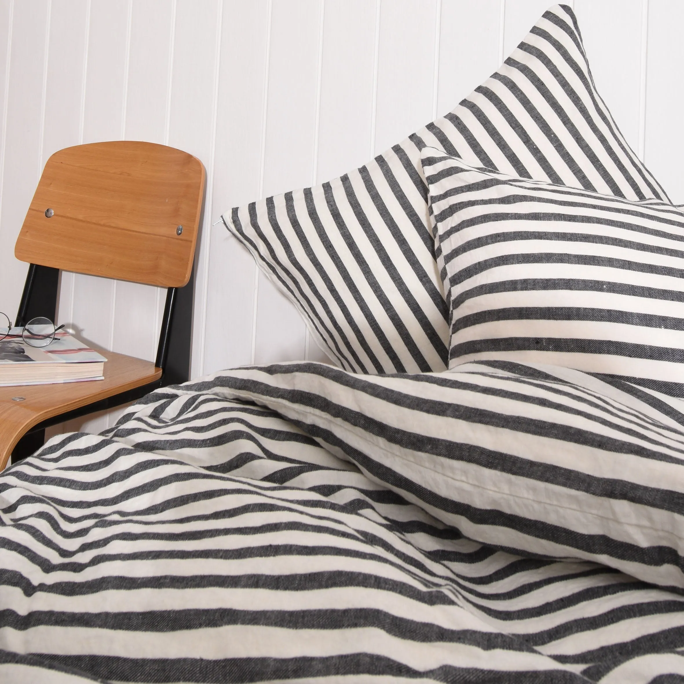 Linen Duvet Cover Set Black Stripe