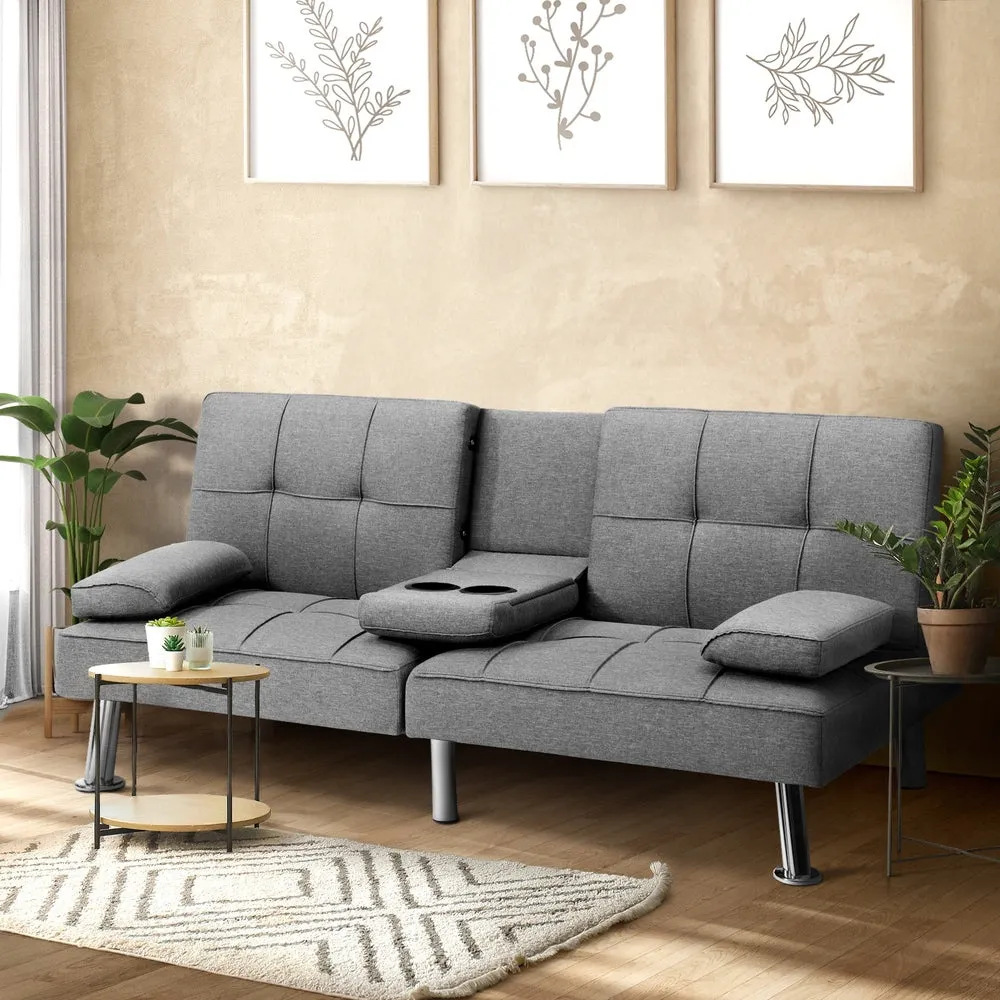 LIV 3 Seater Sofa Bed with Cup Holders Grey Fabric