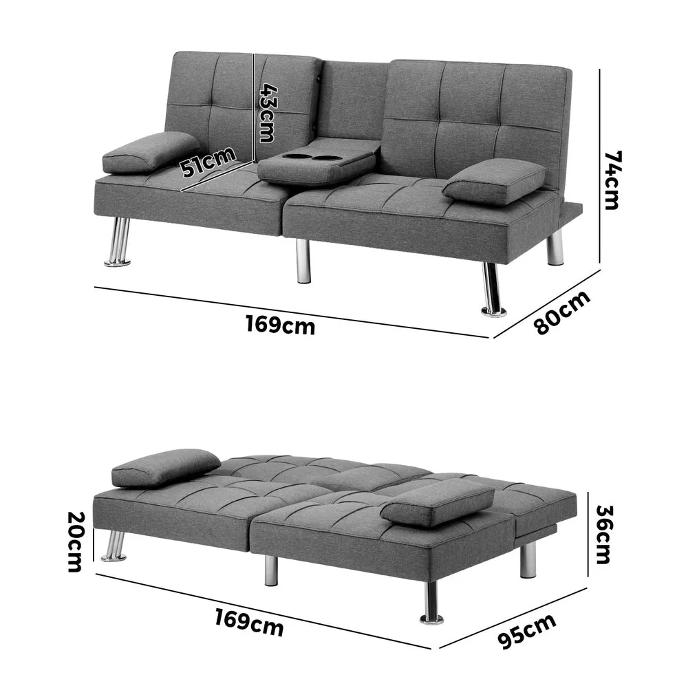 LIV 3 Seater Sofa Bed with Cup Holders Grey Fabric