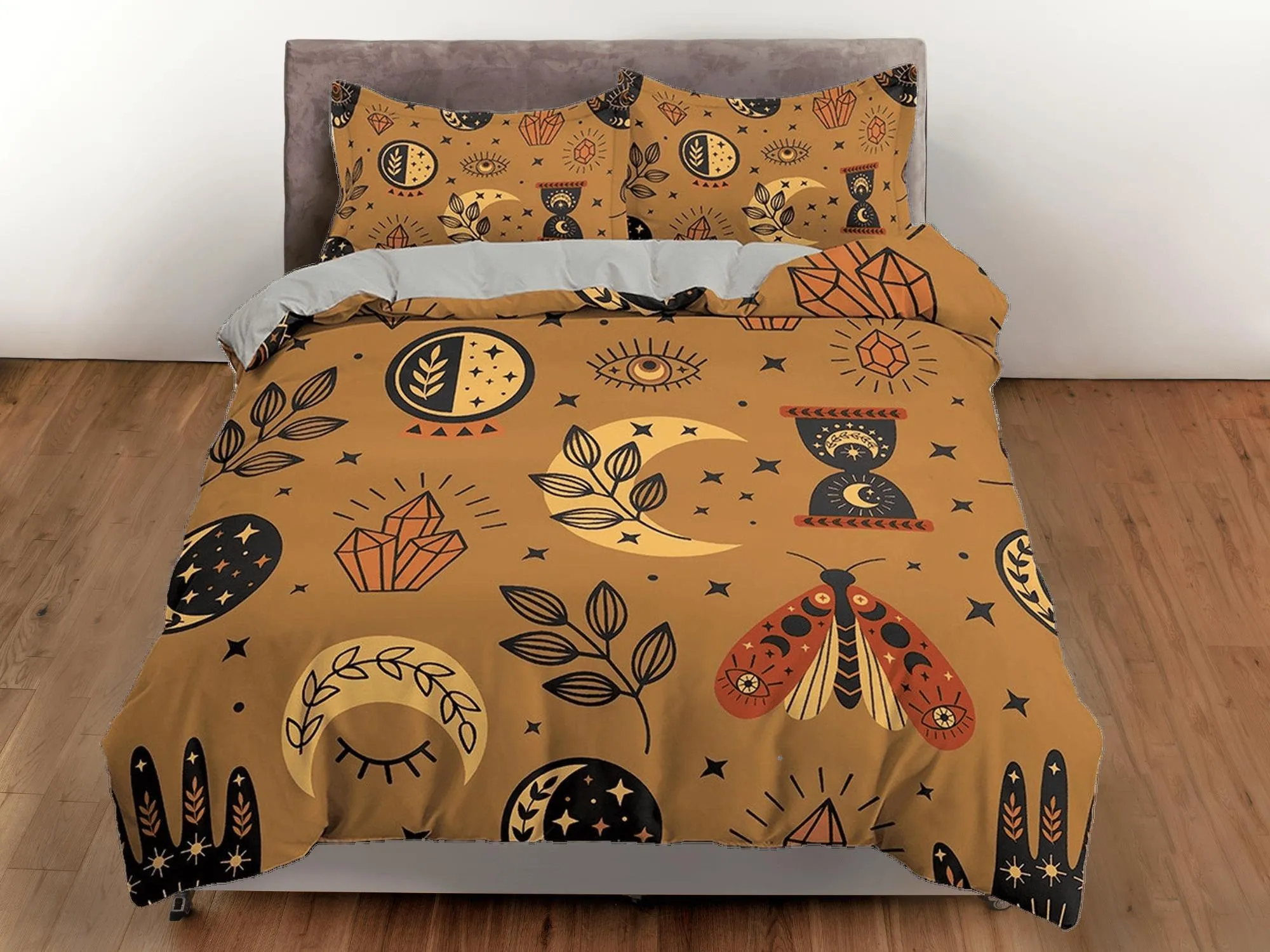 Luna Moth Astrology Boho Brown Bedding, Zodiac Celestial Dorm Bedding, Duvet Cover Set, Aesthetic Duvet Cover King Queen Full Twin Single