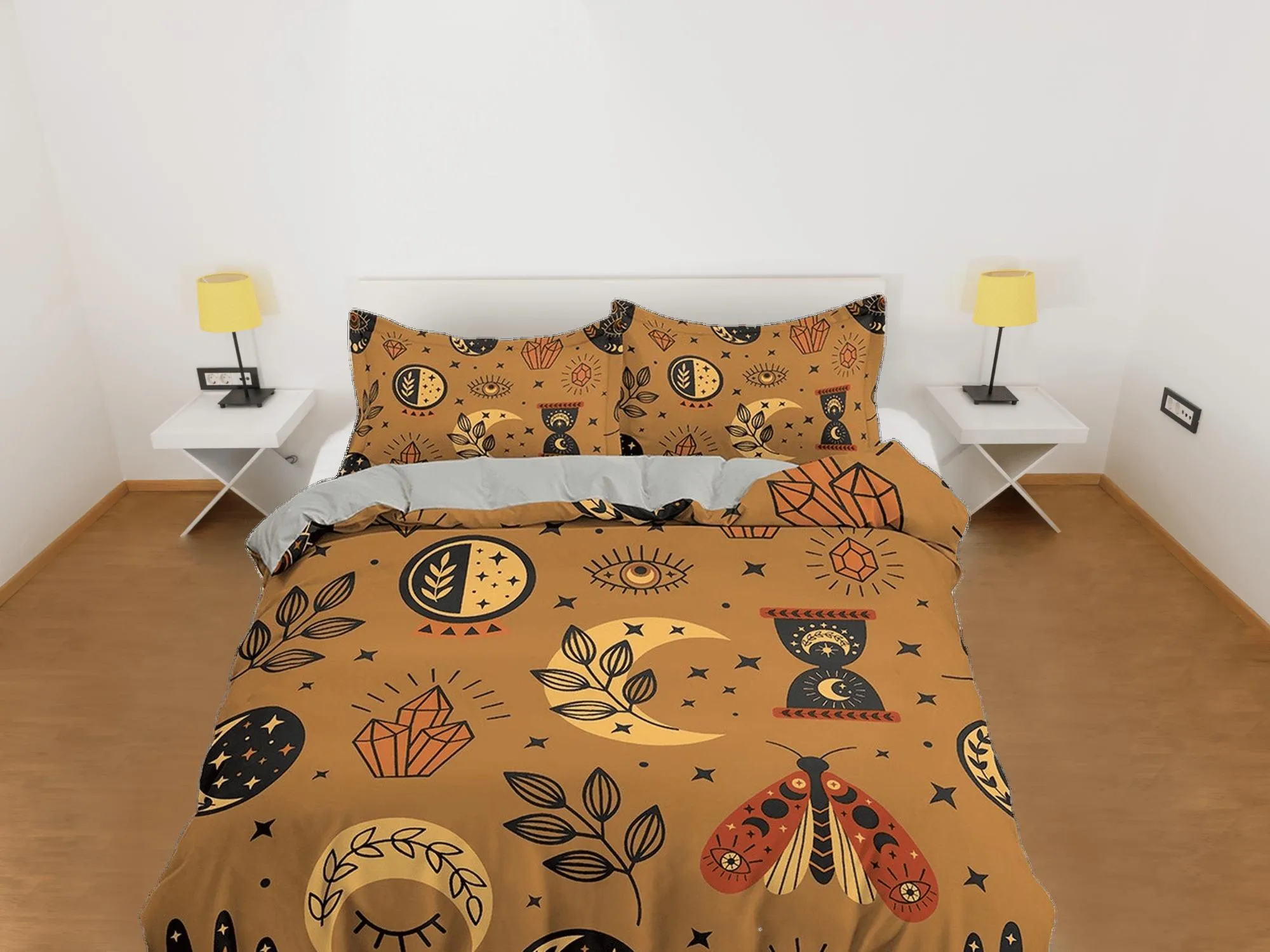 Luna Moth Astrology Boho Brown Bedding, Zodiac Celestial Dorm Bedding, Duvet Cover Set, Aesthetic Duvet Cover King Queen Full Twin Single