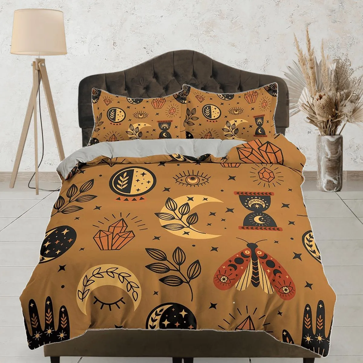 Luna Moth Astrology Boho Brown Bedding, Zodiac Celestial Dorm Bedding, Duvet Cover Set, Aesthetic Duvet Cover King Queen Full Twin Single