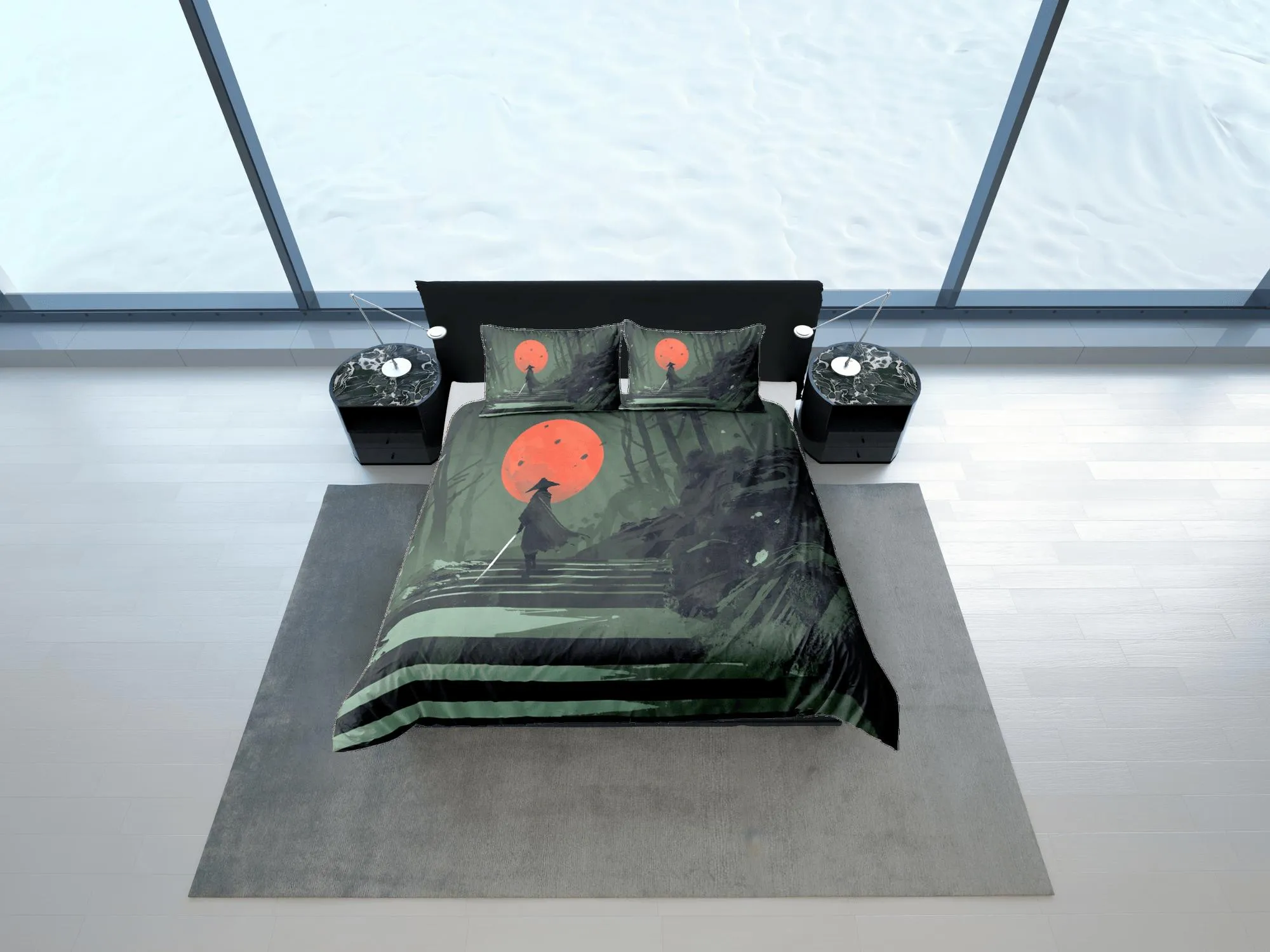 Military green oriental bedding, samurai on japanese duvet cover set for king, queen, full, twin, single bed, aesthetic zipper bedding