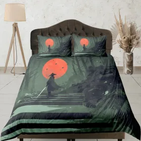 Military green oriental bedding, samurai on japanese duvet cover set for king, queen, full, twin, single bed, aesthetic zipper bedding