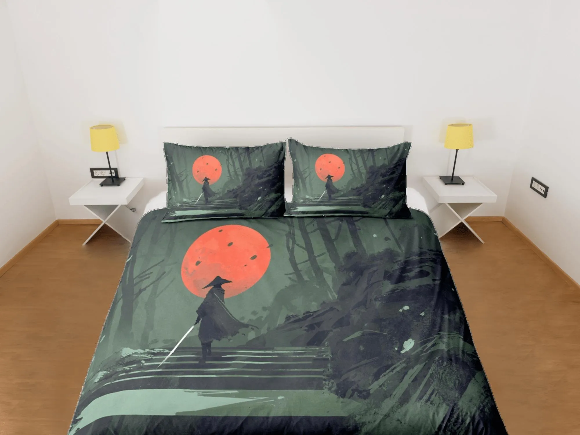 Military green oriental bedding, samurai on japanese duvet cover set for king, queen, full, twin, single bed, aesthetic zipper bedding