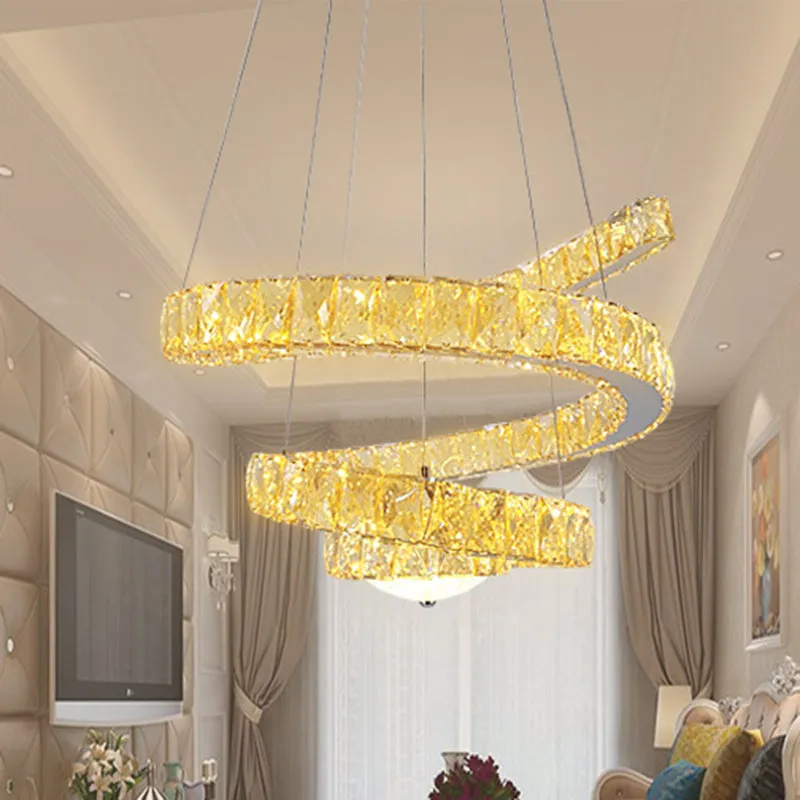 Minimalist LED Crystal Chandelier â€“ Chrome Spiral Lighting Fixture with Warm/2 Color Light