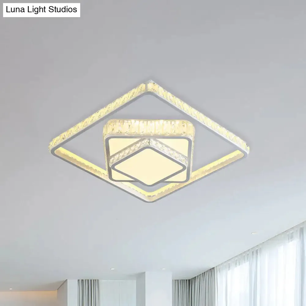 Modern LED Crystal Ceiling Light: Square Flush Mount Fixture in White for Bedroom