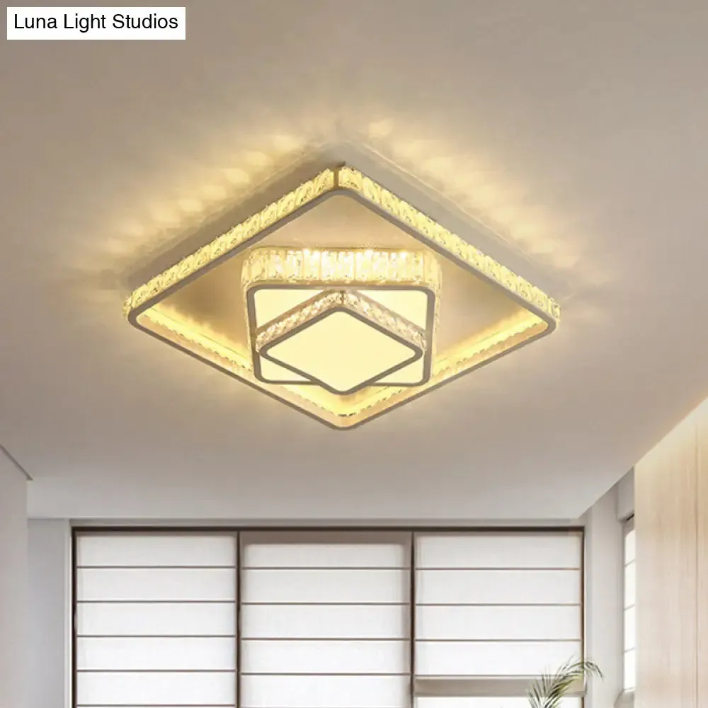 Modern LED Crystal Ceiling Light: Square Flush Mount Fixture in White for Bedroom