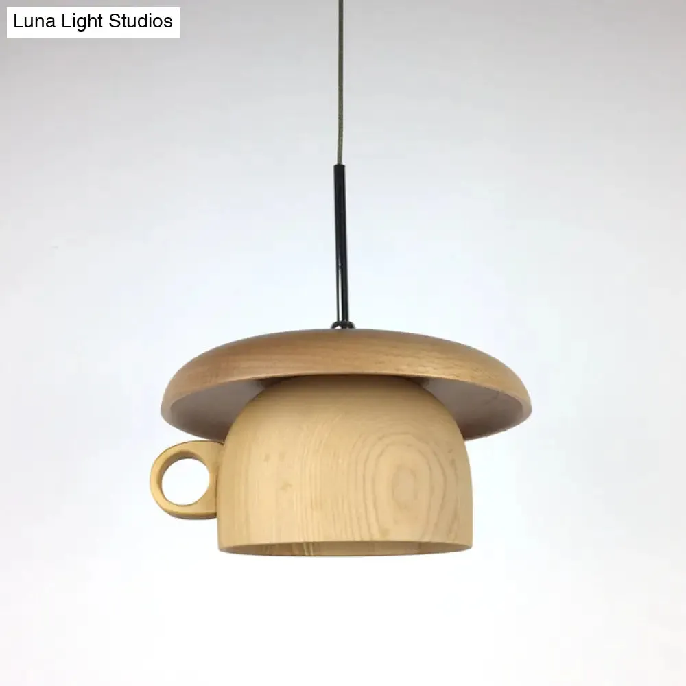 Modern Wood Coffee-Cup Pendant Light with LED Bulb - Beige Ceiling Hang Fixture