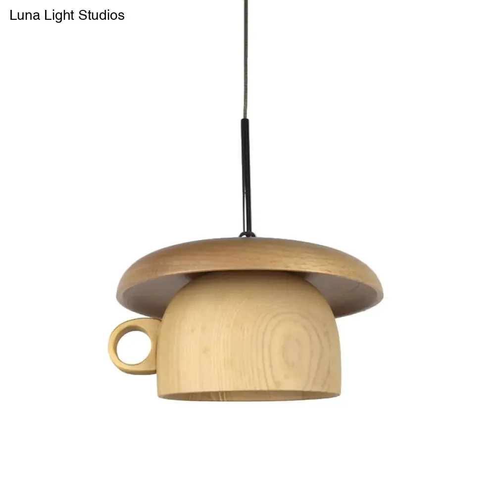 Modern Wood Coffee-Cup Pendant Light with LED Bulb - Beige Ceiling Hang Fixture