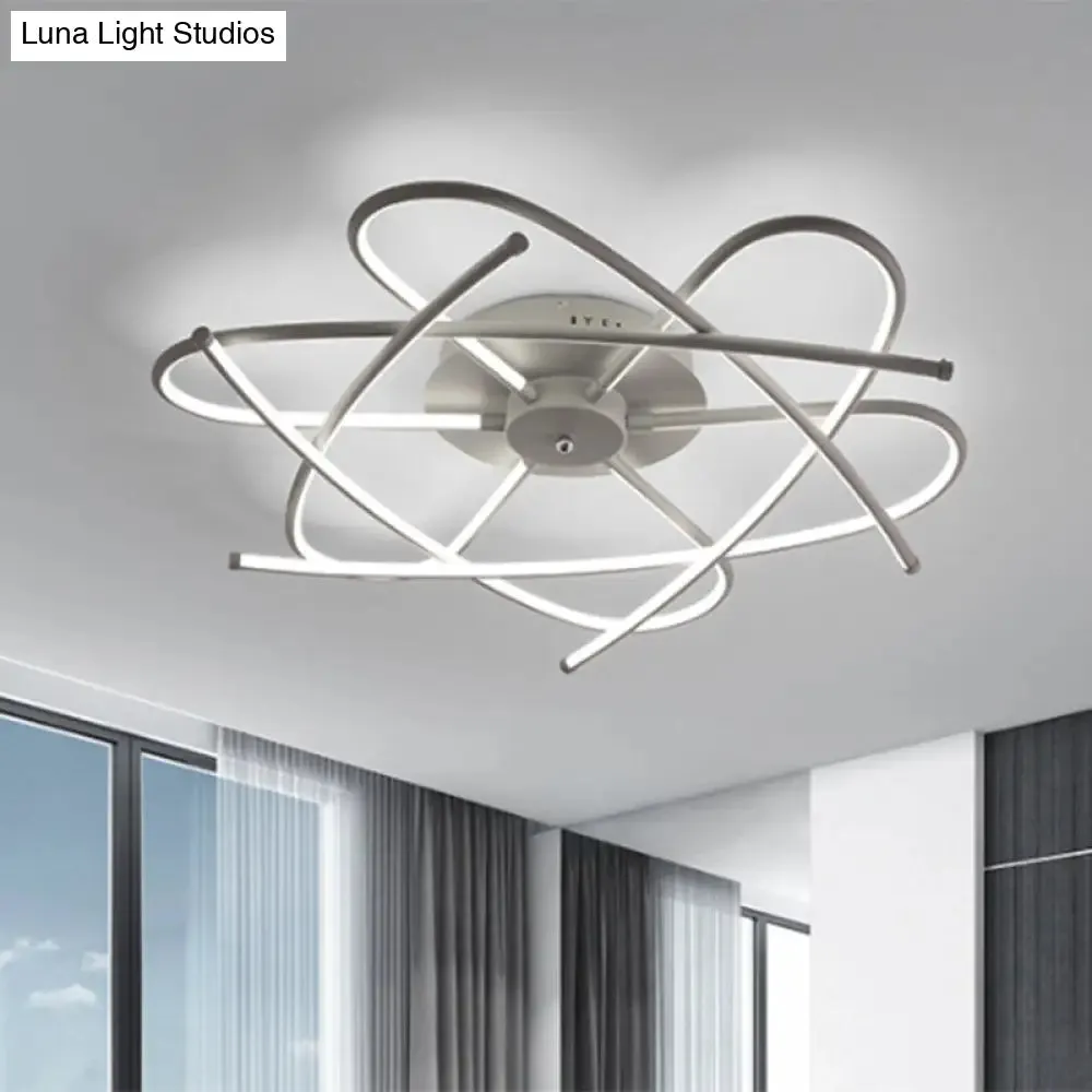 Modernist LED Ceiling Mounted Fixture - Curved Linear Metal Semi Flush, Warm/White Light