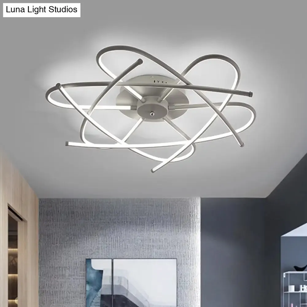 Modernist LED Ceiling Mounted Fixture - Curved Linear Metal Semi Flush, Warm/White Light