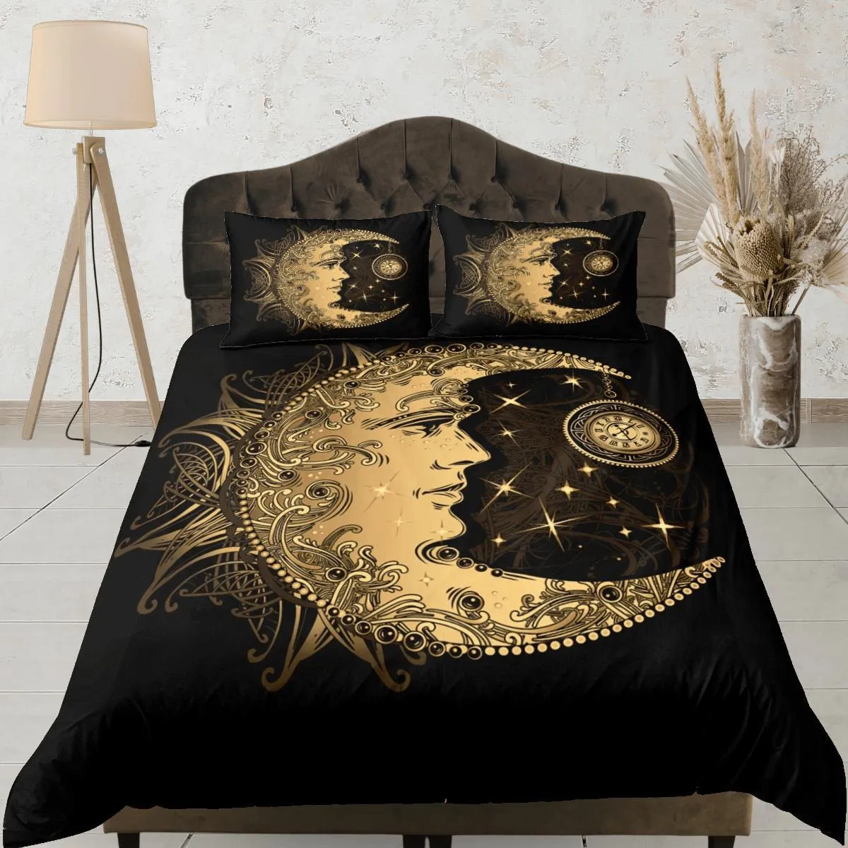 Moon Tarot Black Duvet Cover Colorful Dorm Bedding Set Full Wiccan Gothic Style