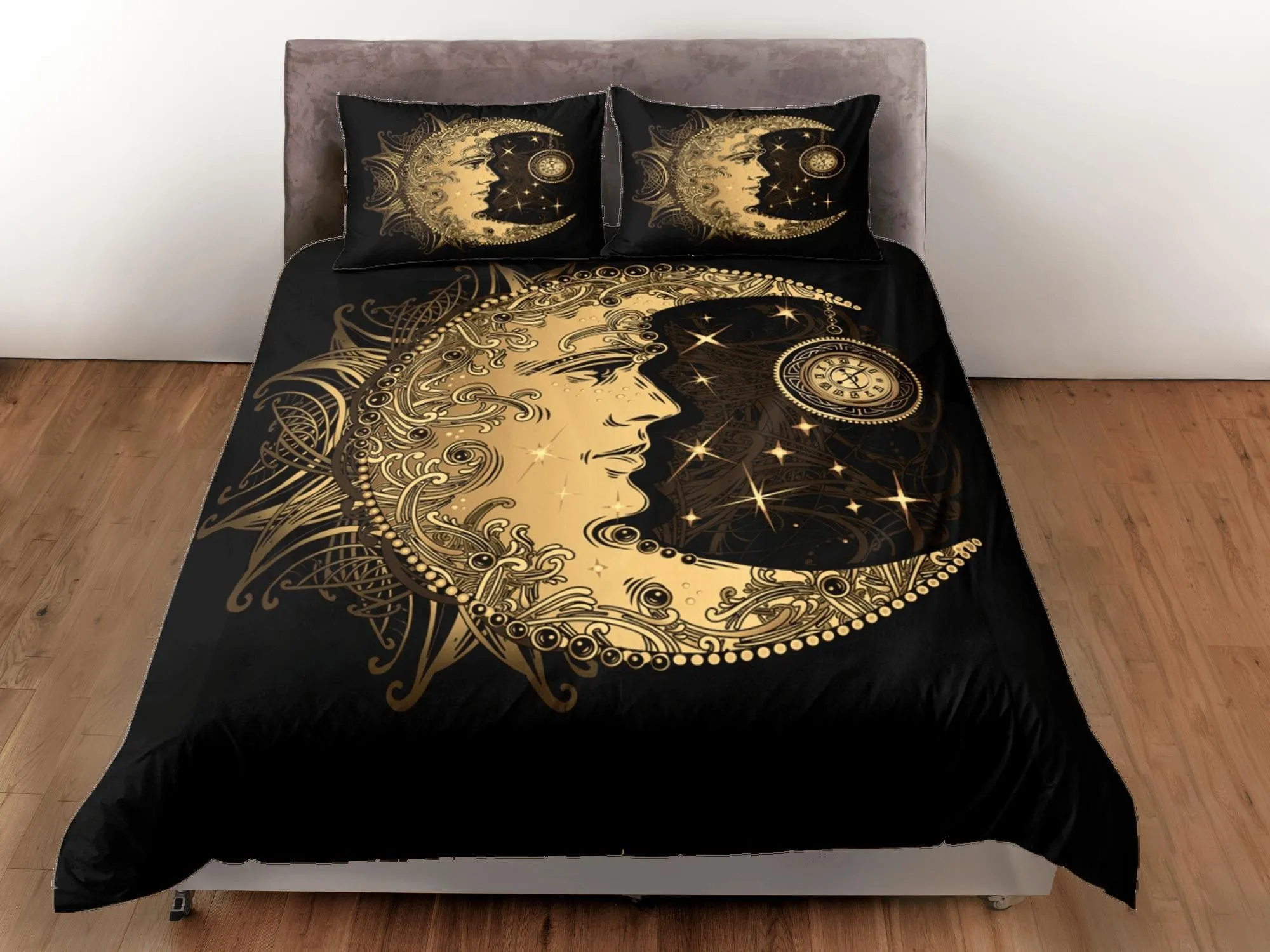 Moon Tarot Black Duvet Cover Colorful Dorm Bedding Set Full Wiccan Gothic Style