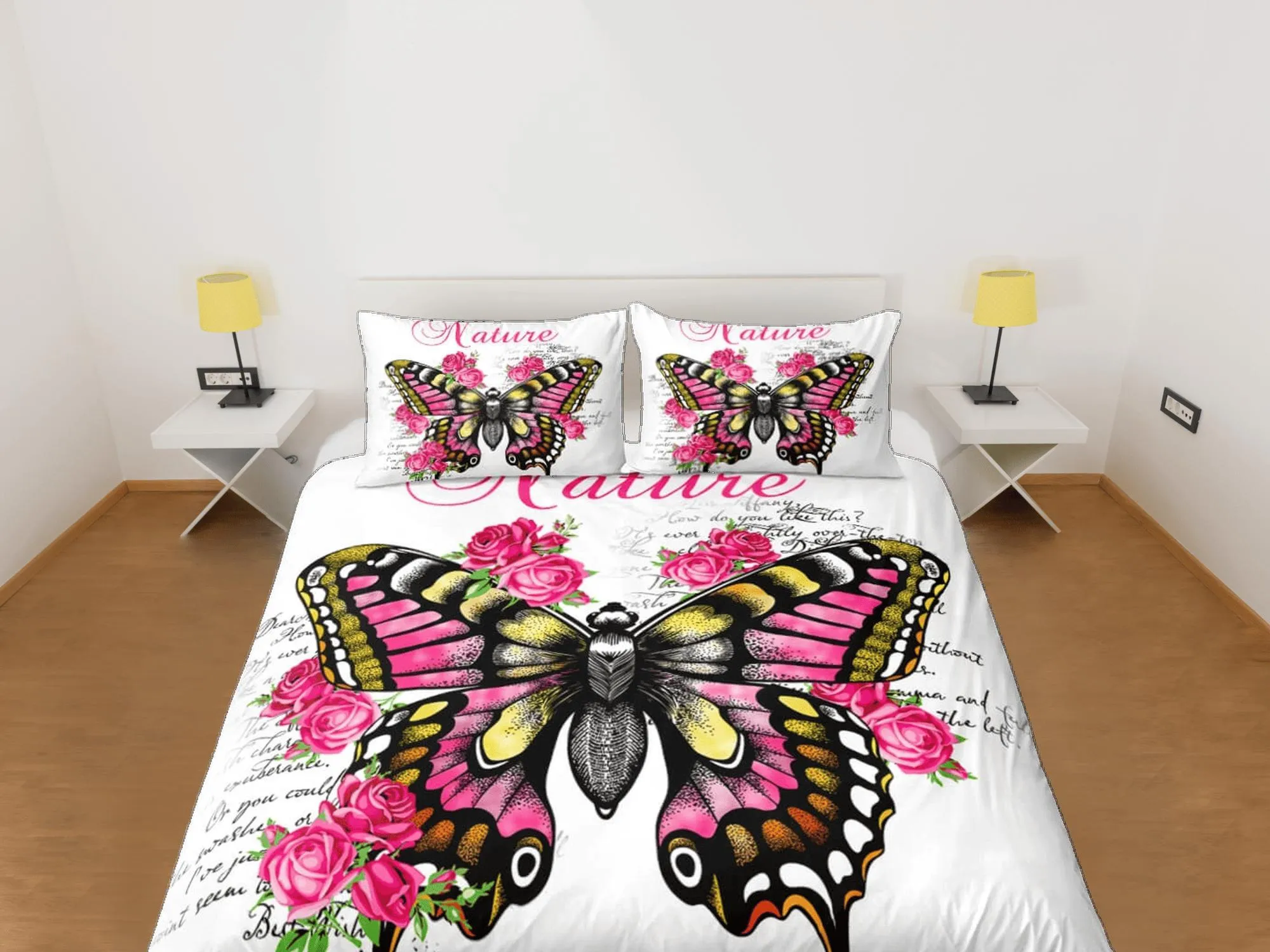 Nature lover pink butterfly bedding duvet cover colorful dorm bedding, full size adult duvet king queen twin, nursery toddler bedding