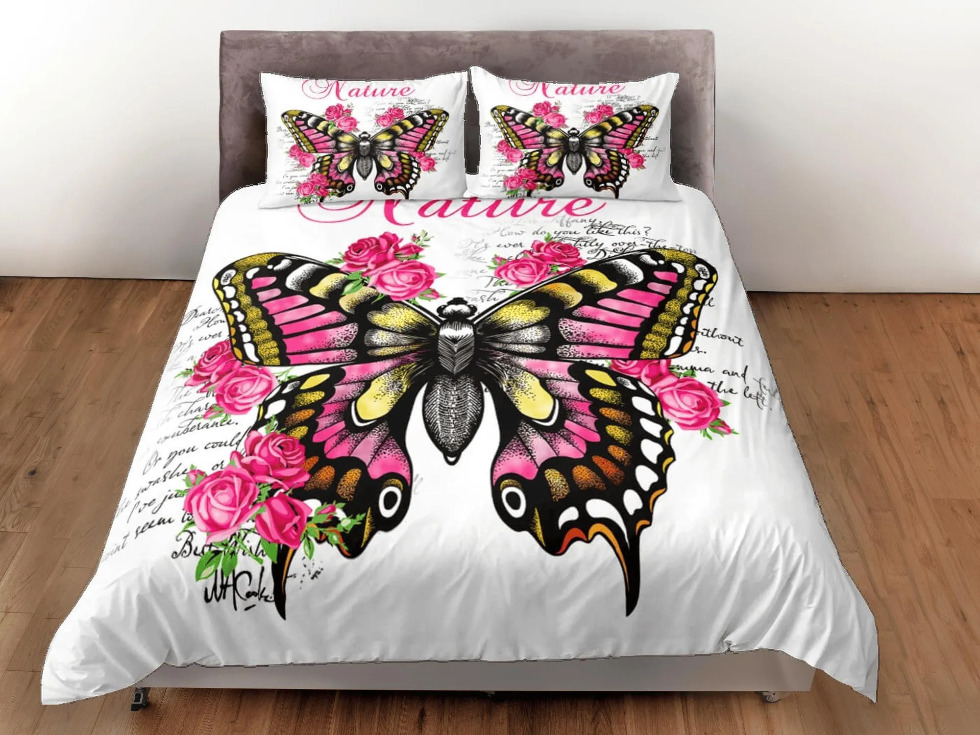 Nature lover pink butterfly bedding duvet cover colorful dorm bedding, full size adult duvet king queen twin, nursery toddler bedding