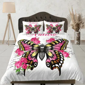 Nature lover pink butterfly bedding duvet cover colorful dorm bedding, full size adult duvet king queen twin, nursery toddler bedding