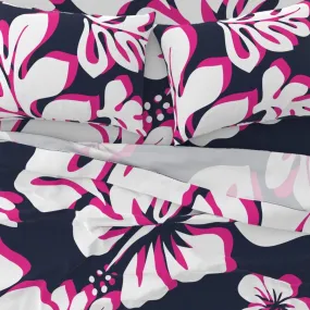 Navy Blue, Surfer Girl Pink and White Hawaiian Flowers Sheet Set from Surfer Bedding™️ Large Scale