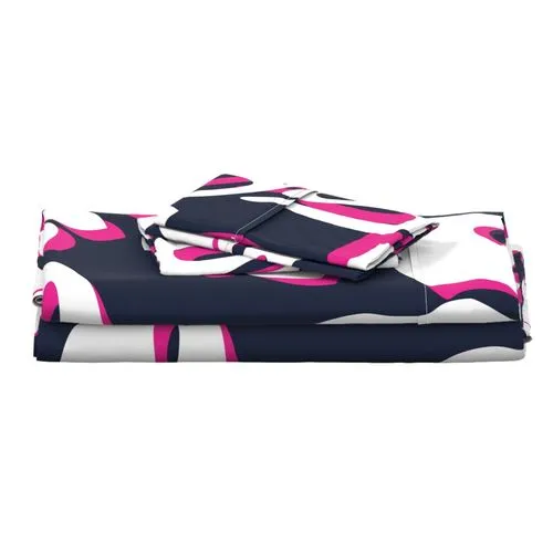 Navy Blue, Surfer Girl Pink and White Hawaiian Flowers Sheet Set from Surfer Bedding™️ Large Scale