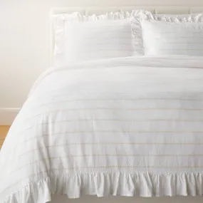 New - Full/Queen Yarn Dye Stripe with Ruffle Duvet Cover & Sham Set White/Khaki - Threshold with Studio McGee