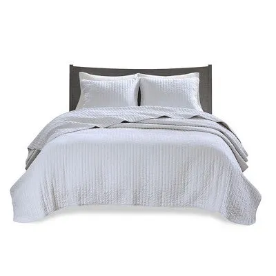 New - Madison Park 2pc Twin/Twin Extra Long Mitchell Reversible Coverlet Set White: Microfiber, Farmhouse Style, Lightweight