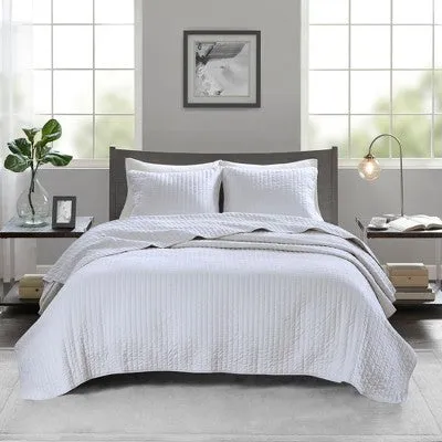 New - Madison Park 2pc Twin/Twin Extra Long Mitchell Reversible Coverlet Set White: Microfiber, Farmhouse Style, Lightweight