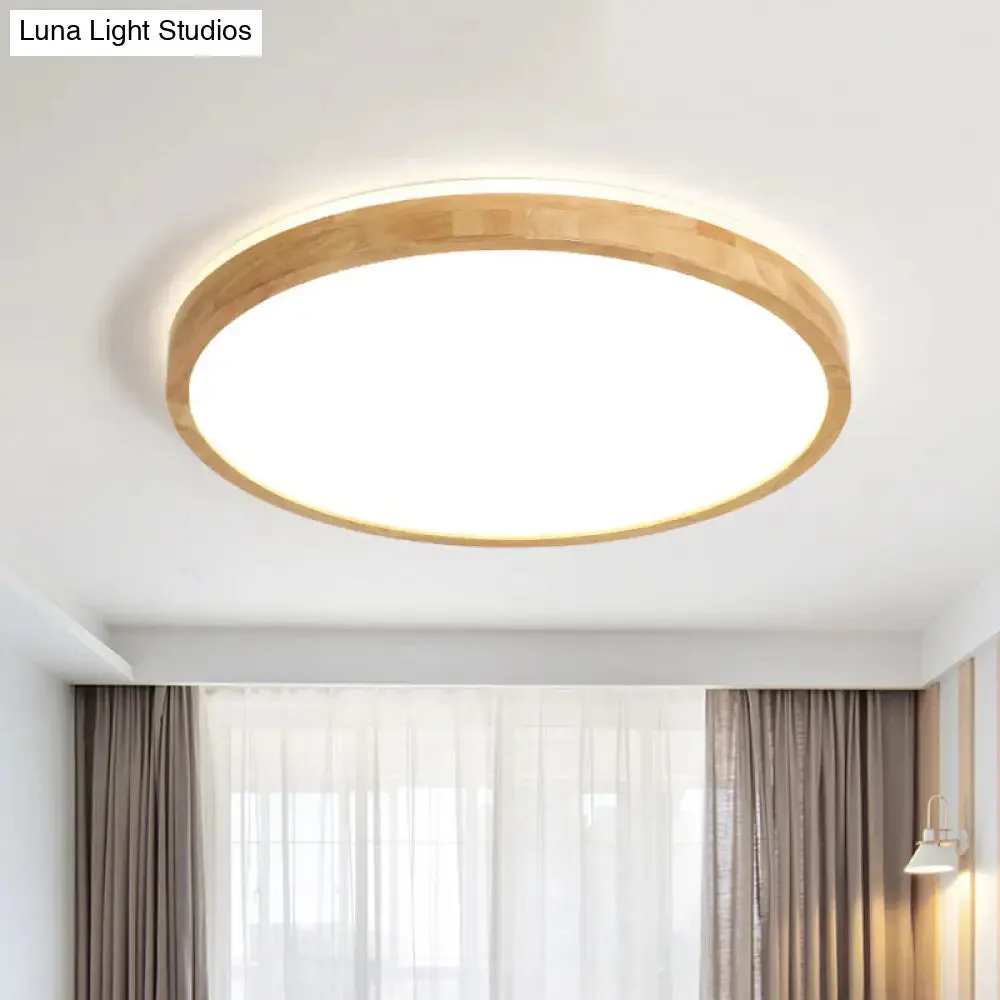 Nordic LED Wood Circle Ceiling Lamp with Acrylic Shade - Flush Mount Recessed Lighting, Warm/White Light (12"/16" Width)