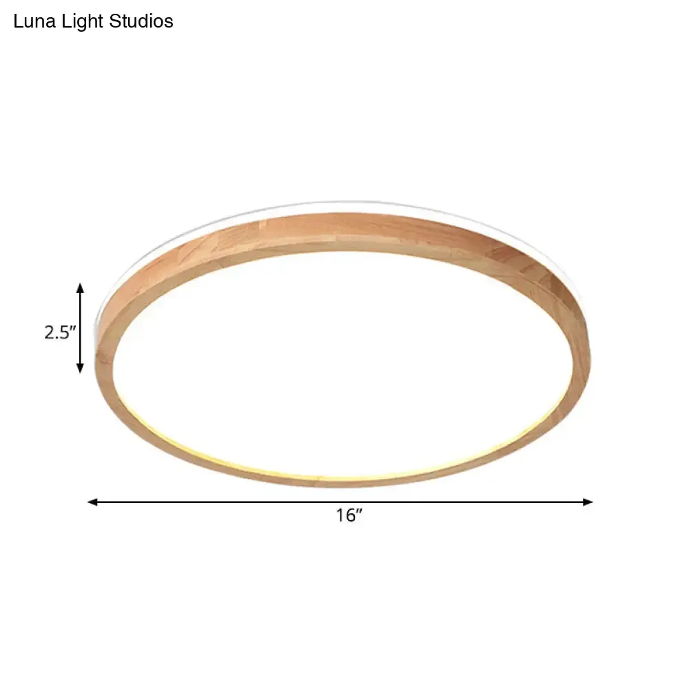 Nordic LED Wood Circle Ceiling Lamp with Acrylic Shade - Flush Mount Recessed Lighting, Warm/White Light (12"/16" Width)