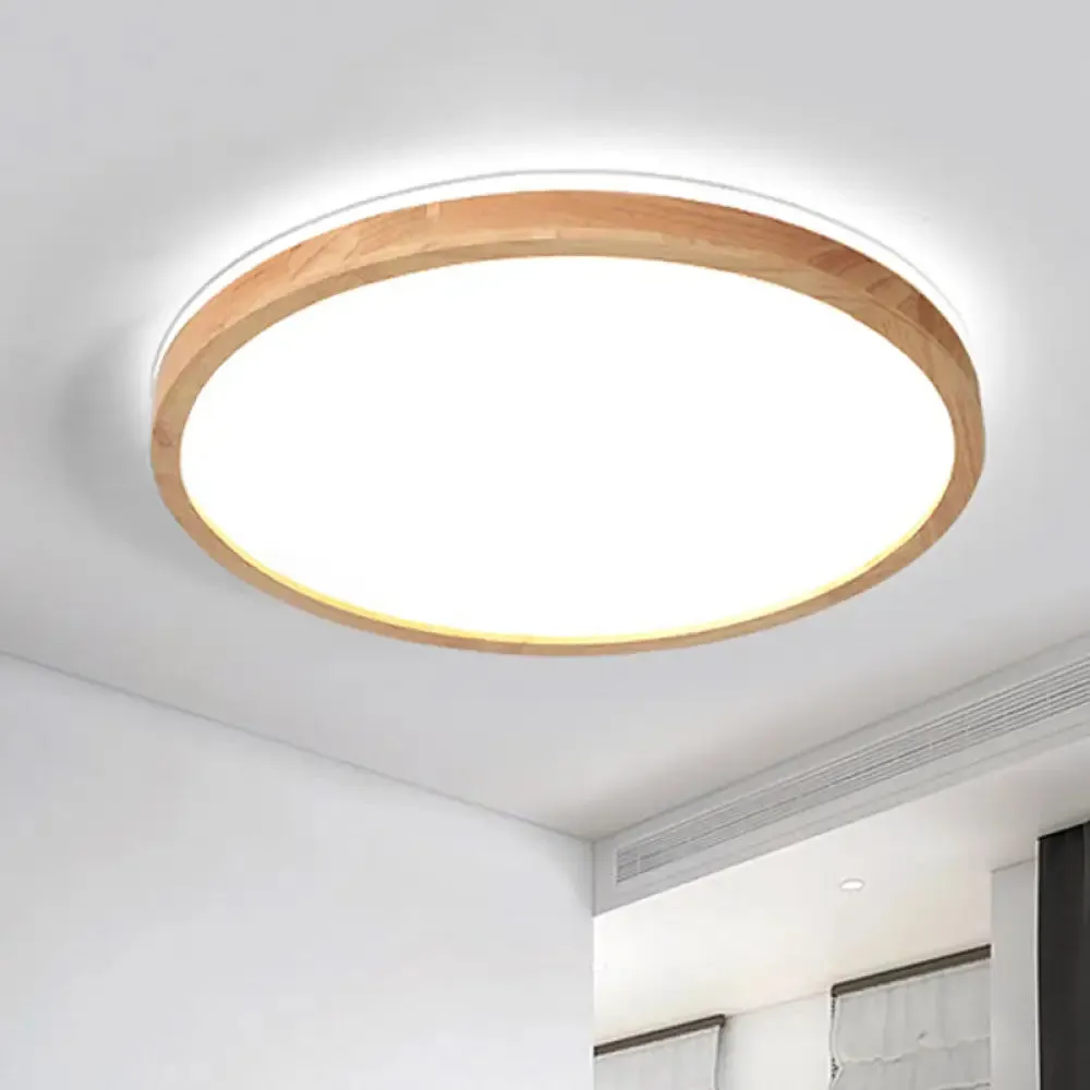 Nordic LED Wood Circle Ceiling Lamp with Acrylic Shade - Flush Mount Recessed Lighting, Warm/White Light (12"/16" Width)