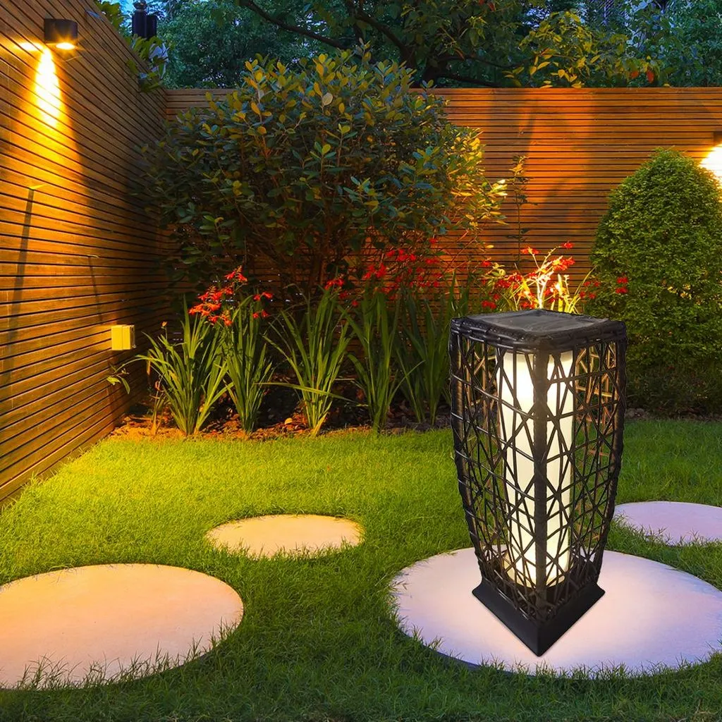 Outdoor 19" Solar Powered Lantern With Rattan Weaving-Floor Lamp