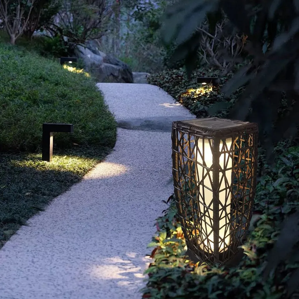 Outdoor 19" Solar Powered Lantern With Rattan Weaving-Floor Lamp