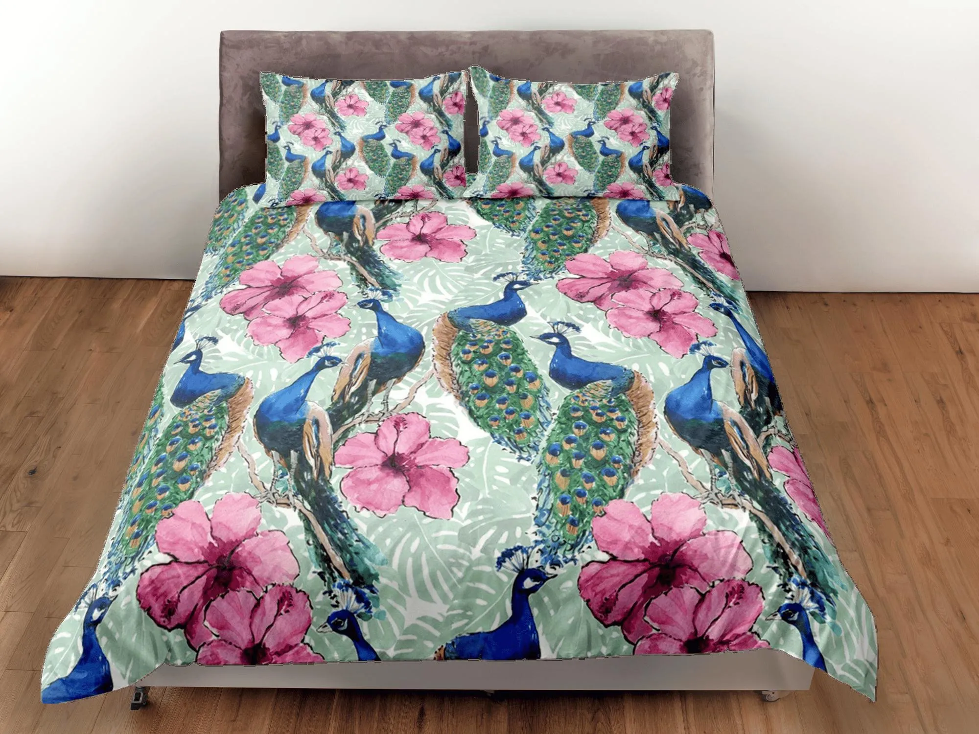 Peacock and pink hibiscus duvet cover colorful bedding, teen girl bedroom, baby girl crib bedding boho maximalist aesthetic bedding