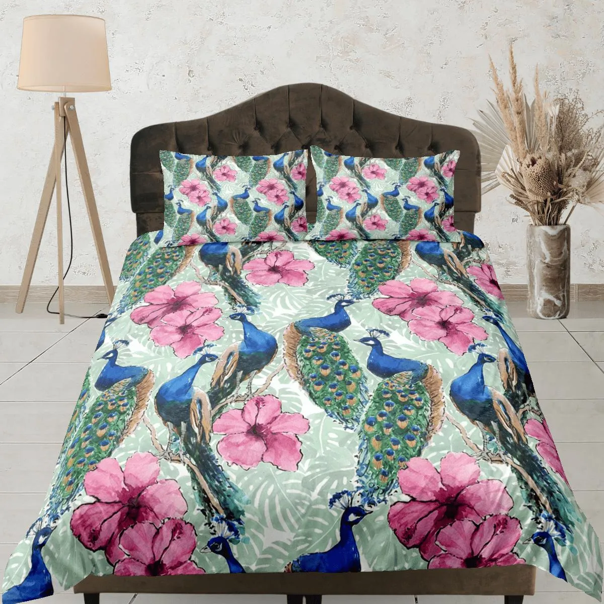 Peacock and pink hibiscus duvet cover colorful bedding, teen girl bedroom, baby girl crib bedding boho maximalist aesthetic bedding