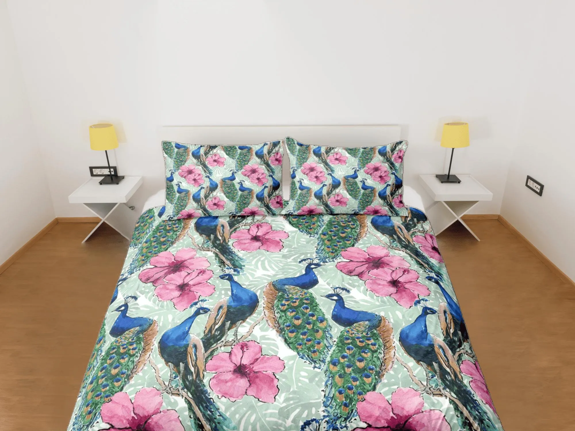 Peacock and pink hibiscus duvet cover colorful bedding, teen girl bedroom, baby girl crib bedding boho maximalist aesthetic bedding