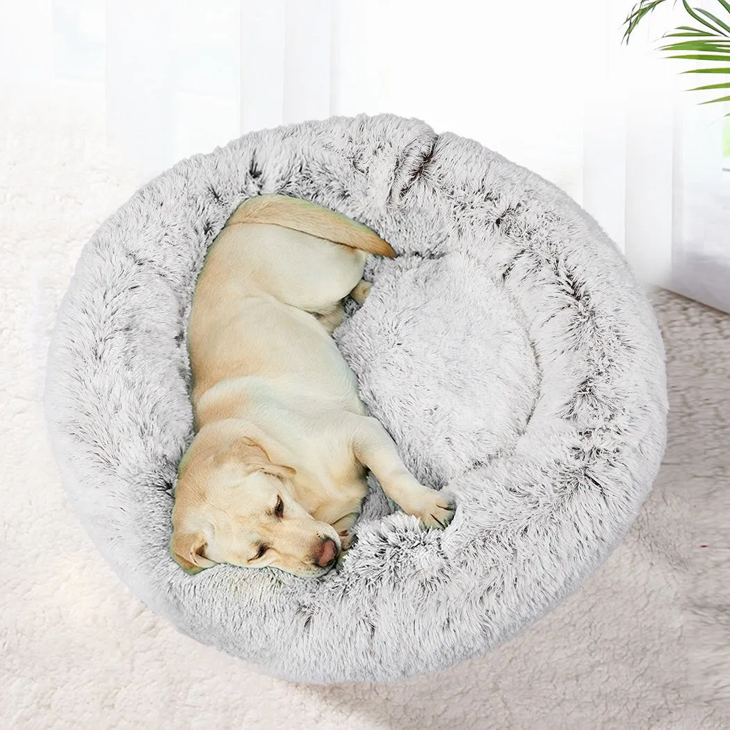 Pet Bed Cat Dog Donut Nest Calming Mat Soft Plush Kennel White with Coffee Hint L