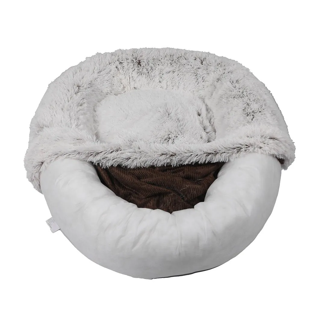 Pet Bed Cat Dog Donut Nest Calming Mat Soft Plush Kennel White with Coffee Hint L