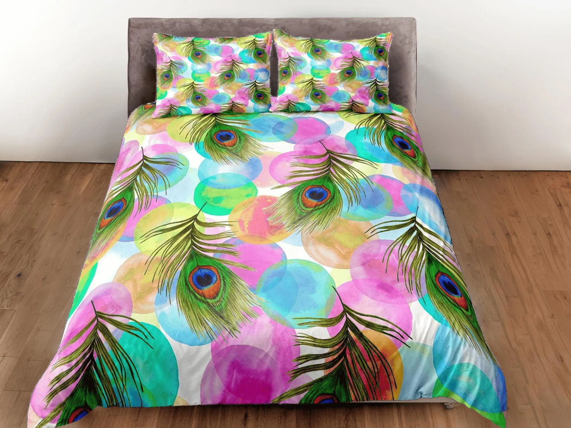 Pink and blue peacock decor aesthetic bedding set full, luxury duvet cover queen, king, boho duvet, designer bedding, maximalist bedspread