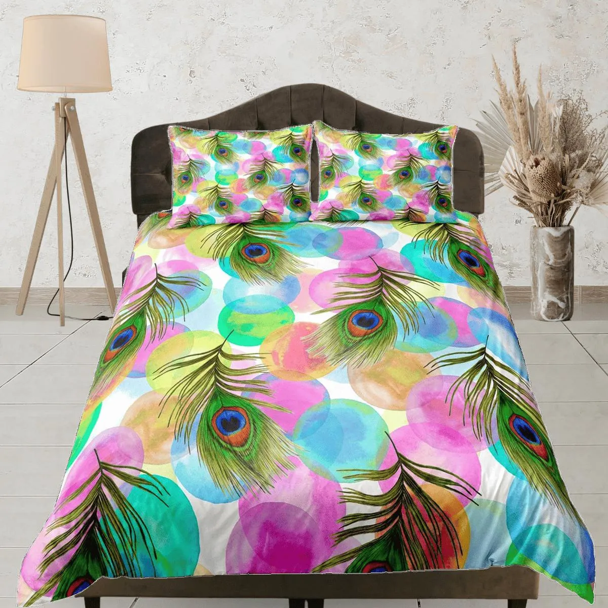 Pink and blue peacock decor aesthetic bedding set full, luxury duvet cover queen, king, boho duvet, designer bedding, maximalist bedspread