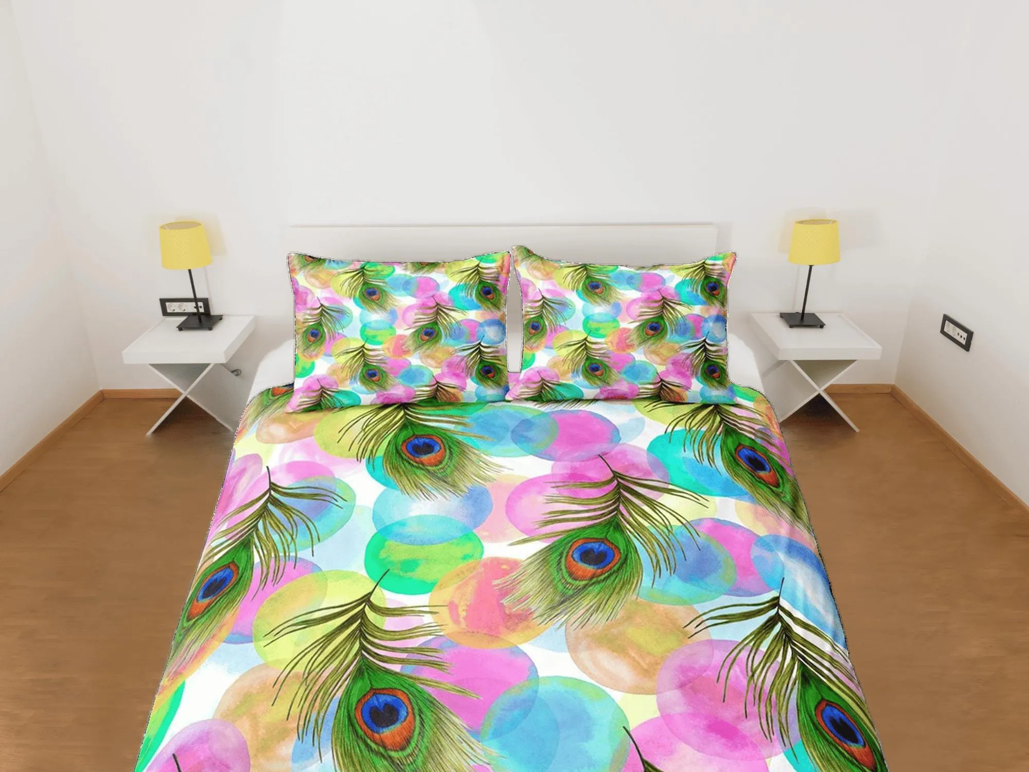 Pink and blue peacock decor aesthetic bedding set full, luxury duvet cover queen, king, boho duvet, designer bedding, maximalist bedspread