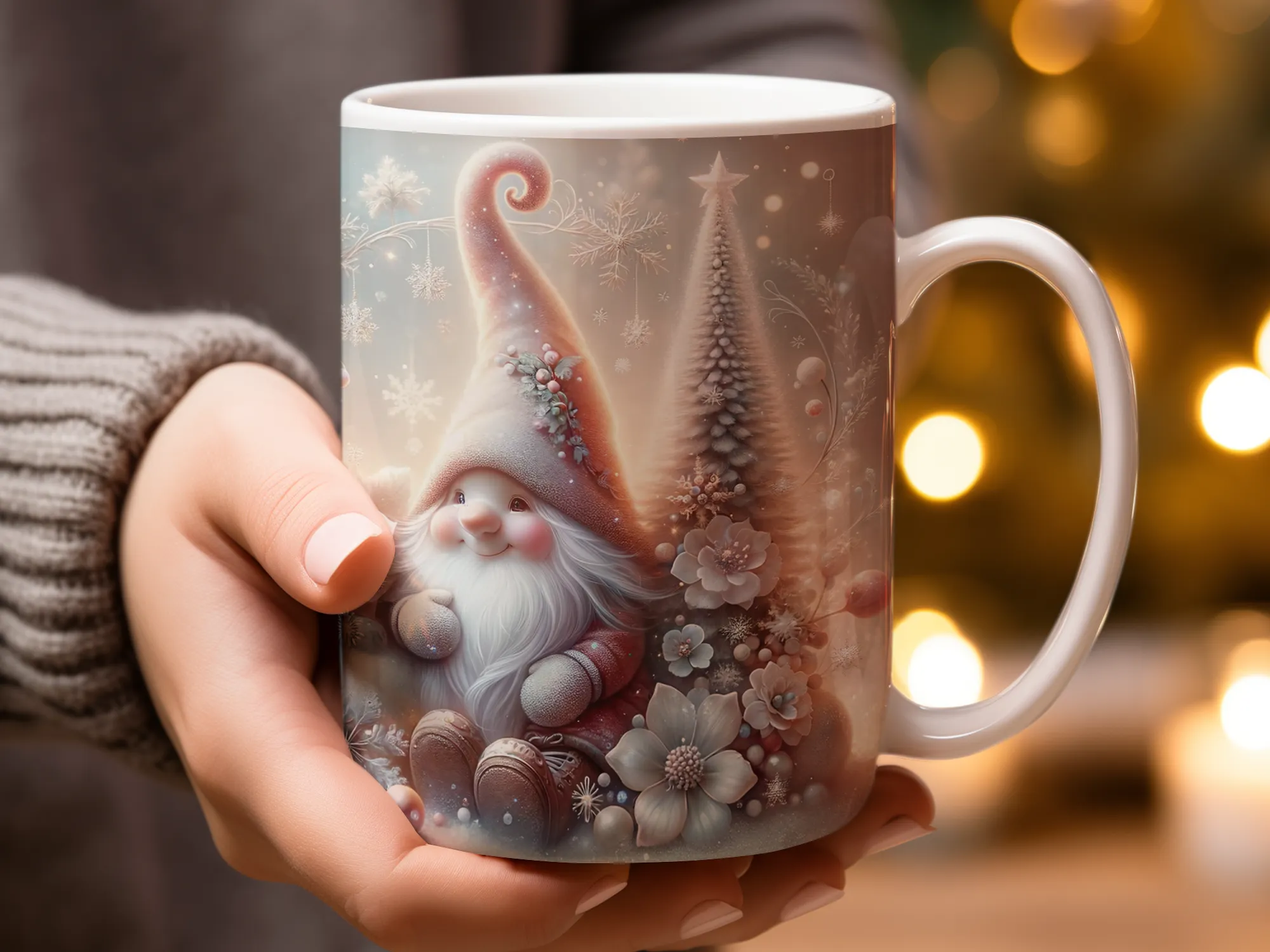 Pink Christmas gnome pastel snowflakes Mug, gnome lover mug, cute gnome mug, gnome gifts for her, Christmas gifts for mom from kids