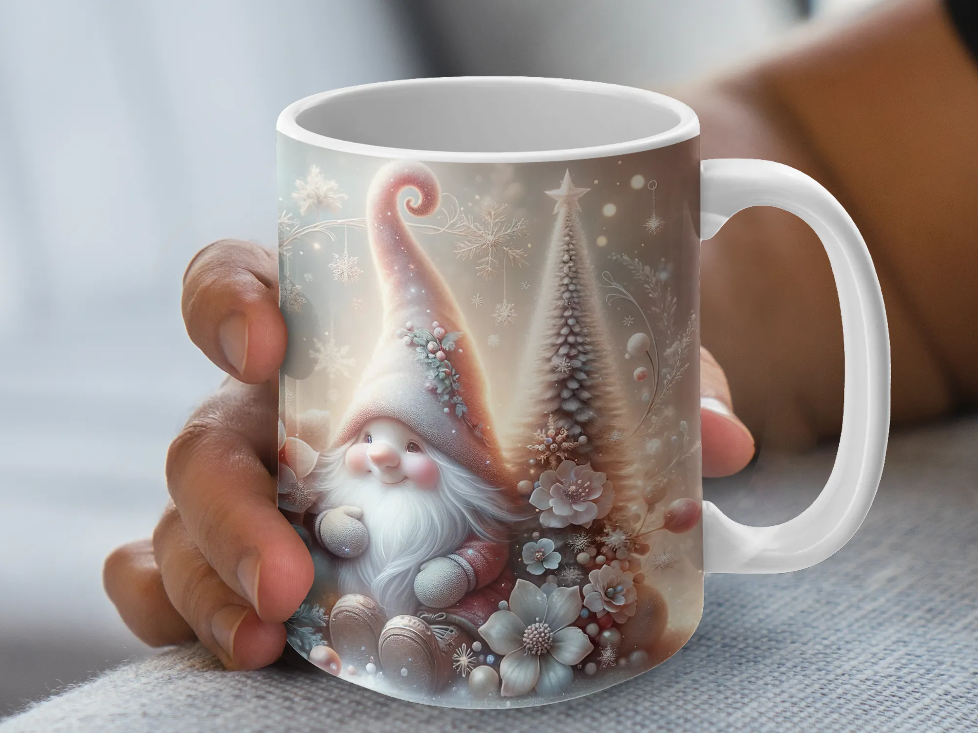 Pink Christmas gnome pastel snowflakes Mug, gnome lover mug, cute gnome mug, gnome gifts for her, Christmas gifts for mom from kids